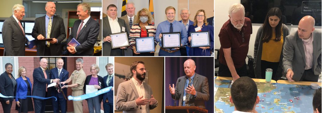 Collage of photos with ETC leadership and team receiving awards, cutting a ribbon at a ceremony, giving presentations, and playing wargames.