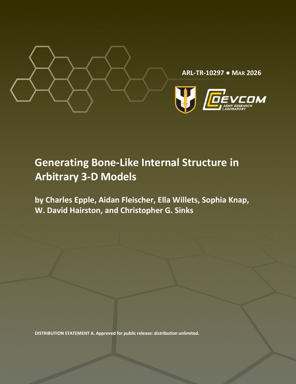 Generating Bone-Like Internal Structure in Arbitrary 3-D Models: Operational environments continue to increase in complexity, increasing the breadth of Soldier exposure to novel risk. To understand and mitigate these risks, we require higher-complexity physical models. One area where current models fail to meet nascent requirements is correctly modeling trabecular bone. Here, we develop an algorithm to generate anatomically similar bone porosity toward these models. Through use of Blender software, we are able to create a Voroni matrix and apply it to arbitrary shapes with specific porosity gradients. We also calibrate the developed algorithm to account for errors encountered when 3-D printing these matrices, so the expected porosity aligns with the final part. Going forward, these models will allow us to create bone-like structures to examine physical and electromagnetic effects of battlefield conditions on tissue without putting Soldiers at risk.