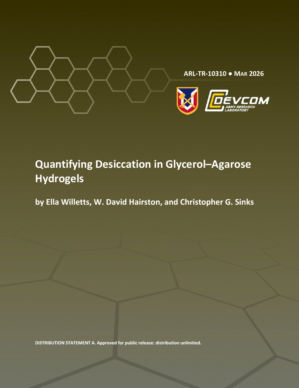 Quantifying Desiccation in Glycerol–Agarose Hydrogels: Electromagnetic (EM) radiation-emitting devices are becoming more common in the world and on the battlefield with the use of radar, high-power radios, and other nonionizing radiation-emitting devices. We lack an efficient way to test safety and biological effects of EM, so we need admittance-matching tissue simulants to test for detrimental effects and develop protective measures. Some of the best candidates for the simulants are hydrogels due to their high-water content and tissue-similar mechanics. However, these gels can desiccate over time, changing their properties over the course of experimentation. A common solution is to add a humectant, which helps keep water bound in the hydrogel. In this work, we quantify how much of a common humectant, glycerol, changes equilibrium water content across a series of agarose-based hydrogels kept under strict environmental conditions. From this data, we can estimate how much glycerol is required to stabilize a tissue-simulant model under a given set of environmental conditions, allowing for better testing of EM response of tissue over a longer period of time.